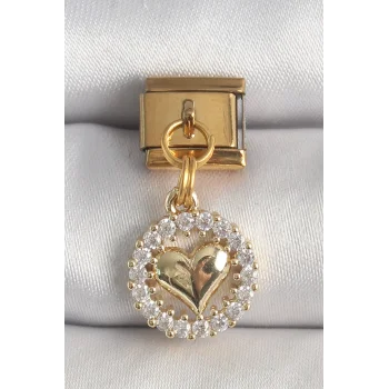 316L Çelik Gold Renk Sallantı Zirkon Taşlı Kalp Model Nomination Charm