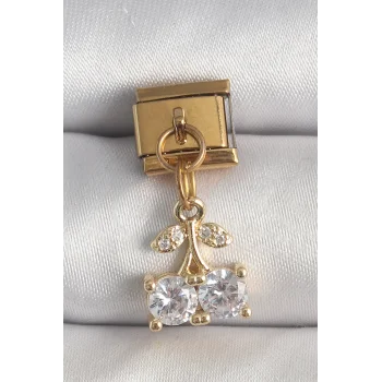 316L Çelik Gold Renk Sallantı Zirkon Taşlı Kiraz Model Nomination Charm