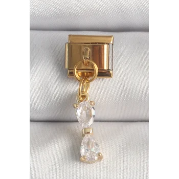 316L Çelik Gold Renk Sallantı Zirkon Taşlı Kurdele Model Nomination Charm
