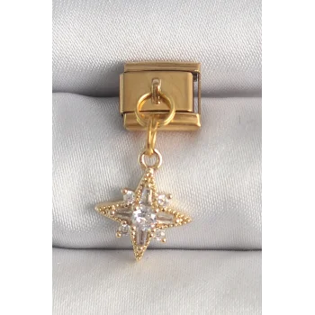 316L Çelik Gold Renk Sallantı Zirkon Taşlı Kutup Yıldız Model Nomination Charm