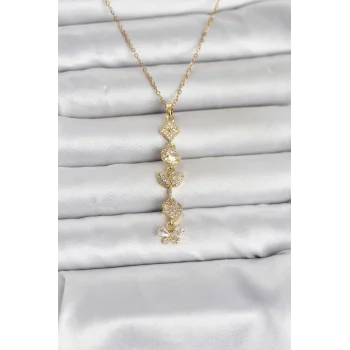 316L Çelik Gold Renk Şans Kolyesi Y Model Zirkon Taşlı Kadın Kolye
