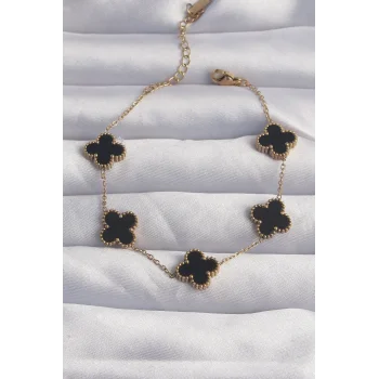 316L Çelik Gold Renk Siyah Mineli Yonca Bileklik