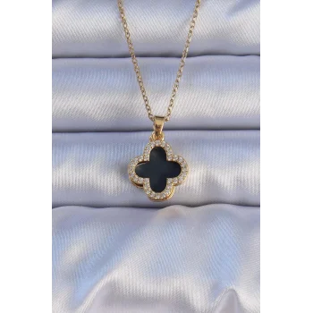 316L Çelik Gold Renk Siyah Mineli Zirkon Taşlı Yonca Figürlü Kolye