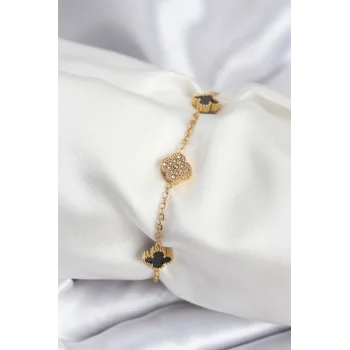 316L Çelik Gold Renk Siyah ve Zirkon Taşlı Baby Boy Yonca Kadın Bileklik