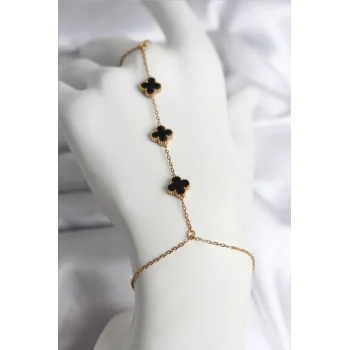 316L Çelik Gold Renk Siyah Yonca Model Kadın Şahmeran