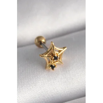 316L Çelik Gold Renk Siyah Zirkon Taş Detay Örümcek Ağ Model Tragus Piercing