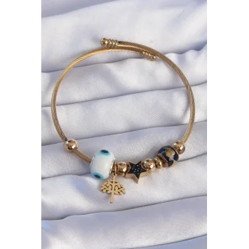 316L Çelik Gold Renk Siyah Zirkon Taşlı Yıldız Tasarımlı Ağaç Detay Nazarlı Charm Bileklik