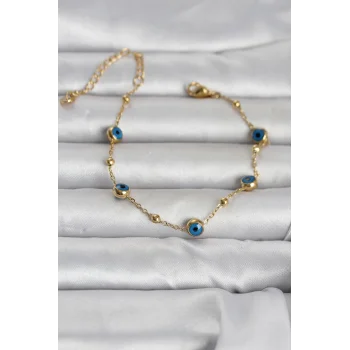 316L Çelik Gold Renk Top Zincirli Nazarlı Kadın Bileklik