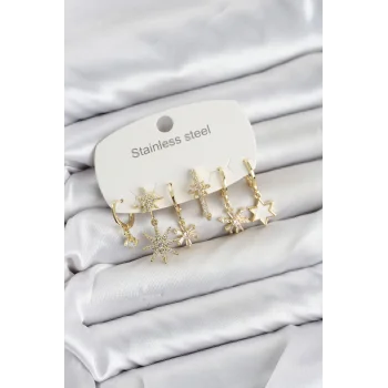 316L Çelik Gold Renk Yıldız Model Zirkon Taşlı Kadın Küpe Seti
