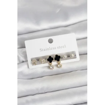 316L Çelik Gold Renk Yonca Detaylı Kadın Küpe Seti