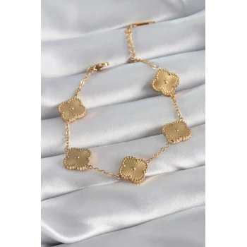 316L Çelik Gold Renk Yonca Model İşleme Detay Kadın Bileklik
