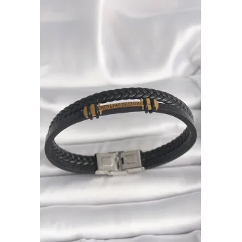 316L Çelik Gold Renk ZikZak İşlemeli Aksesuarlı Çift Sıra Burgu Desenli Deri Kordon Erkek Bileklik