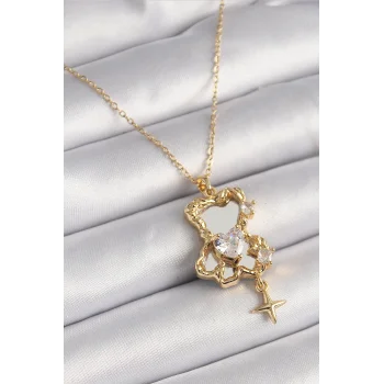 316L Çelik Gold Renk Zincir Ayna Ayıcık Model Zirkon Taşlı Kalp Model Kadın Kolye
