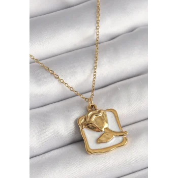 316L Çelik Gold Renk Zincir Beyaz Mineli Gül Portre Model Kadın Kolye