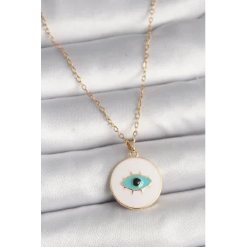316L Çelik Gold Renk Zincir Beyaz Mineli Turkuaz Göz İşleme Model Kadın Kolye