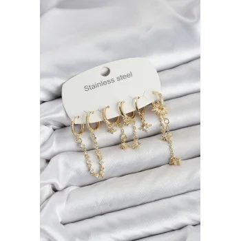 316L Çelik Gold Renk Zincir Detaylı Zirkon Taşlı Kadın Küpe Seti