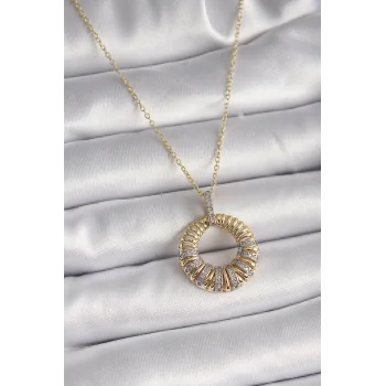 316L Çelik Gold Renk Zincir Gümüş Zirkon Taşlı Daire Model Kadın Kolye