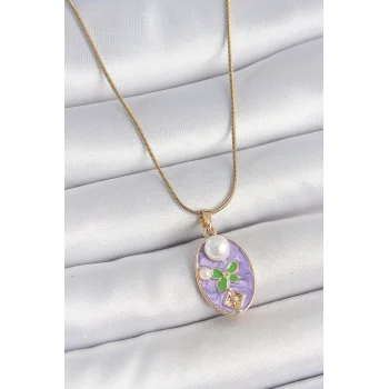 316L Çelik Gold Renk Zincir Mor Mineli Oval İncili Çiçek İşlemeli Portre Model Kadın Kolye