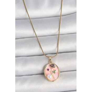316L Çelik Gold Renk Zincir Pembe Çiçek İşlemeli İnci Detay Portre Model Kadın Kolye