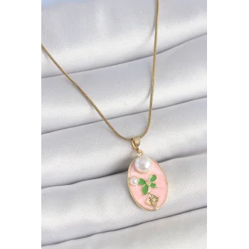 316L Çelik Gold Renk Zincir Pembe Mineli Oval İncili Çiçek İşlemeli Portre Model Kadın Kolye