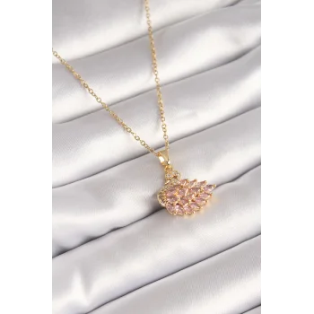 316L Çelik Gold Renk Zincir Pembe Zirkon Taşlı Kuğu Model Kadın Kolye