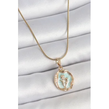 316L Çelik Gold Renk Zincir Turkuaz Mineli Çiçek İşlemeli Portre Model Kadın Kolye