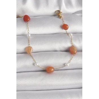 316L Çelik Gold Renk Zincir Turuncu Doğaltaş Model İnci Detay Kadın Bileklik