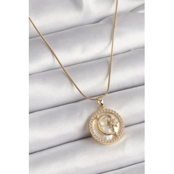 316L Çelik Gold Renk Zincir Zirkon Taş Detaylı Beyaz Sedefli Ay Yıldız Model Kadın Kolye