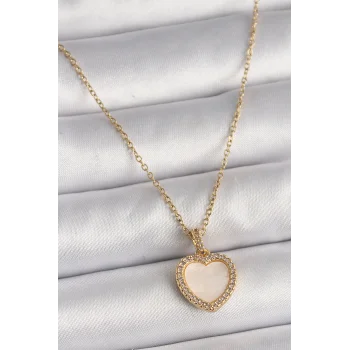 316L Çelik Gold Renk Zincir Zirkon Taşlı Beyaz Mineli Kalp Model Kadın Kolye