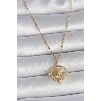 316L Çelik Gold Renk Zincir Zirkon Taşlı Pusula Model Kadın Kolye