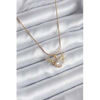 316L Çelik Gold Renk Zirkon Taşlı Boynuz Model Kadın Kolye
