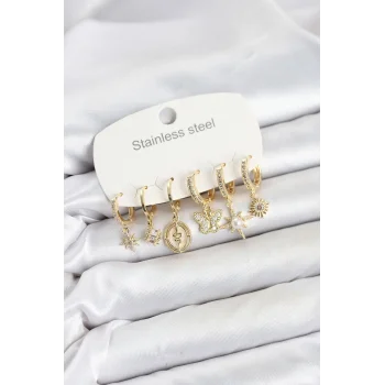 316L Çelik Gold Renk Zirkon Taşlı Charm Detaylı Kadın Küpe Seti
