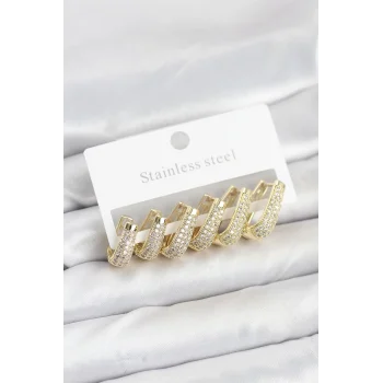 316L Çelik Gold Renk Zirkon Taşlı Damla Halka Küpe Seti