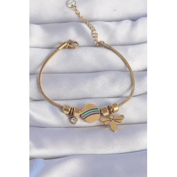 316L Çelik Gold Renk Zirkon Taşlı Gökkuşağı Tasarımlı Yusufçuk Bileklik