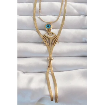 316L Çelik Gold Renk Zirkon Taşlı Göz Detay Nazarlı Uzun Asansör Model Kolye