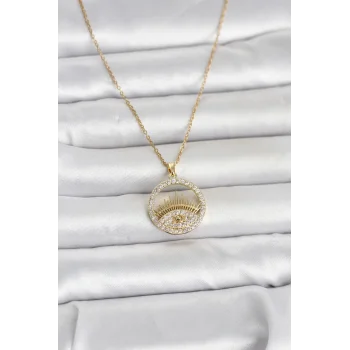 316L Çelik Gold Renk Zirkon Taşlı Göz Model Kadın Kolye