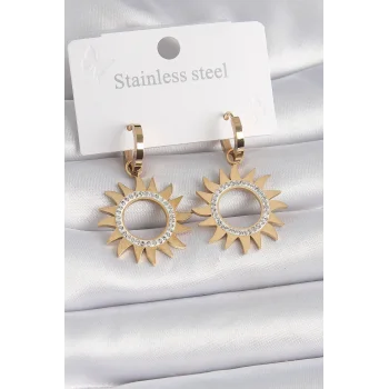 316L Çelik Gold Renk Zirkon Taşlı Güneş Model Kadın Küpe