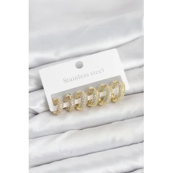 316L Çelik Gold Renk Zirkon Taşlı Halka Küpe Seti