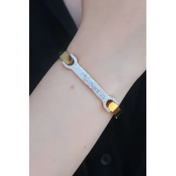 316L Çelik Gold Renk Zirkon Taşlı Kadın Kelepçe