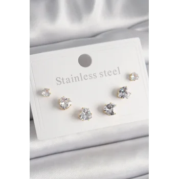 316L Çelik Gold Renk Zirkon Taşlı Kalp Model Kadın Küpe Seti