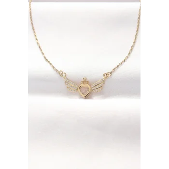 316L Çelik Gold Renk Zirkon Taşlı Kalpli Kanat Kolye