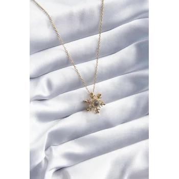 316L Çelik Gold Renk Zirkon Taşlı Kar Tanesi Projeksiyon Model Kadın Kolye