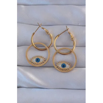 316L Çelik Gold Renk Zirkon Taşlı Mavi Göz Tasarımlı Halka Küpe