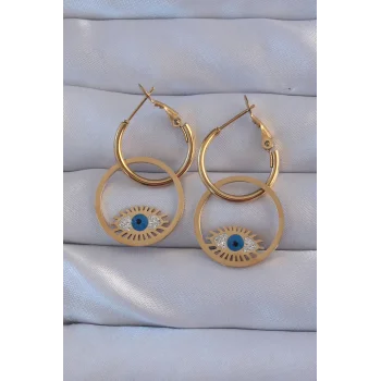 316L Çelik Gold Renk Zirkon Taşlı Mavi Göz Tasarımlı Halka Küpe