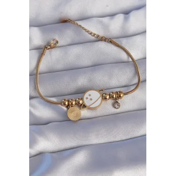 316L Çelik Gold Renk Zirkon Taşlı Mineli Satürn Tasarımlı Bileklik