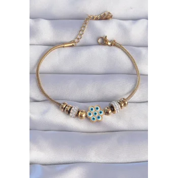 316L Çelik Gold Renk Zirkon Taşlı Nazarlı Çiçek Tasarımlı Bileklik