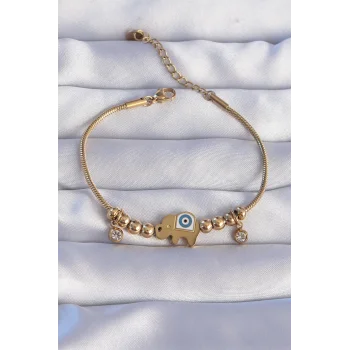 316L Çelik Gold Renk Zirkon Taşlı Nazarlı Fil Tasarımlı Bileklik