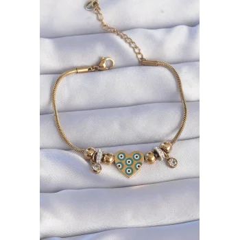 316L Çelik Gold Renk Zirkon Taşlı Nazarlı Kalp Tasarımlı Bileklik