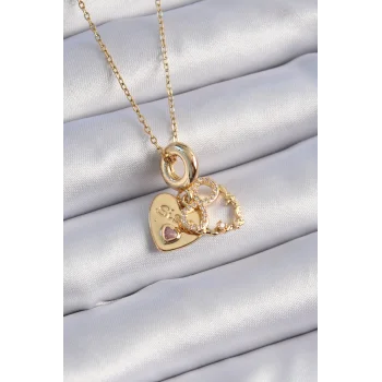 316L Çelik Gold Renk Zirkon Taşlı Sonsuzluk Kalp Figür Charm Model Kadın Kolye