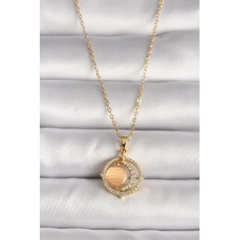 316L Çelik Gold Renk Zirkon Taşlı Turuncu Sedefli Hilal Model Kadın Kolye